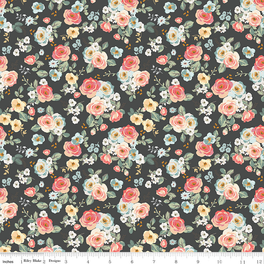 Gingham Gardens Floral Charcoal 9m Bolt