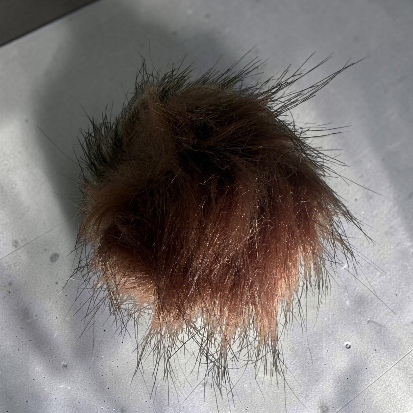 Patchwork with Busyfingers plush brown faux fur beanie pom pom with long textured fibers