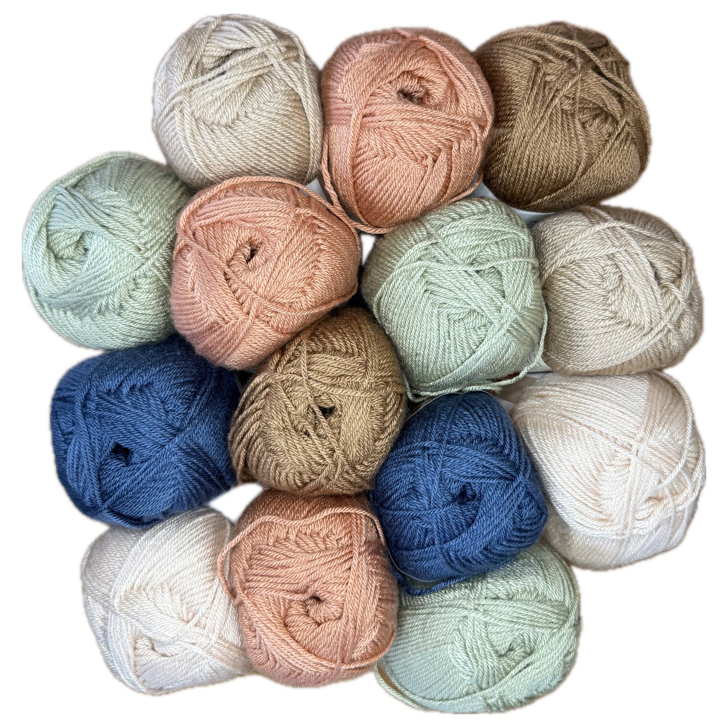 Patchwork with Busyfingers Canvas & Clay yarn set in blush, denim blue, latte, caramel, sage, and cream. 100% anti-pilling acrylic.
