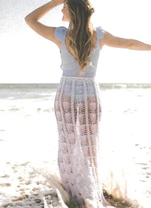 Patchwork with Busyfingers Summer Crochet book featuring a woman in a white lace crochet maxi skirt on a beach