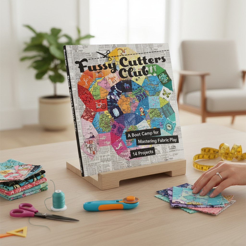 Patchwork with Busyfingers Fussy Cutters Club book by Angie Wilson, featuring 14 fabric projects and mastering fabric play.