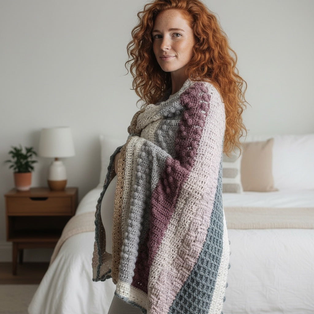 Patchwork with Busyfingers Hidden Stitch yarn set in cream, sand, dusty pink, and grey, featuring bobble and textured stitches, draped over a pregnant woman.