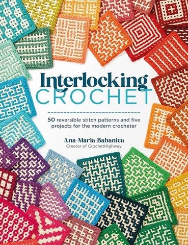 Patchwork with Busyfingers Interlocking Crochet book cover featuring colorful geometric crochet stitch swatches