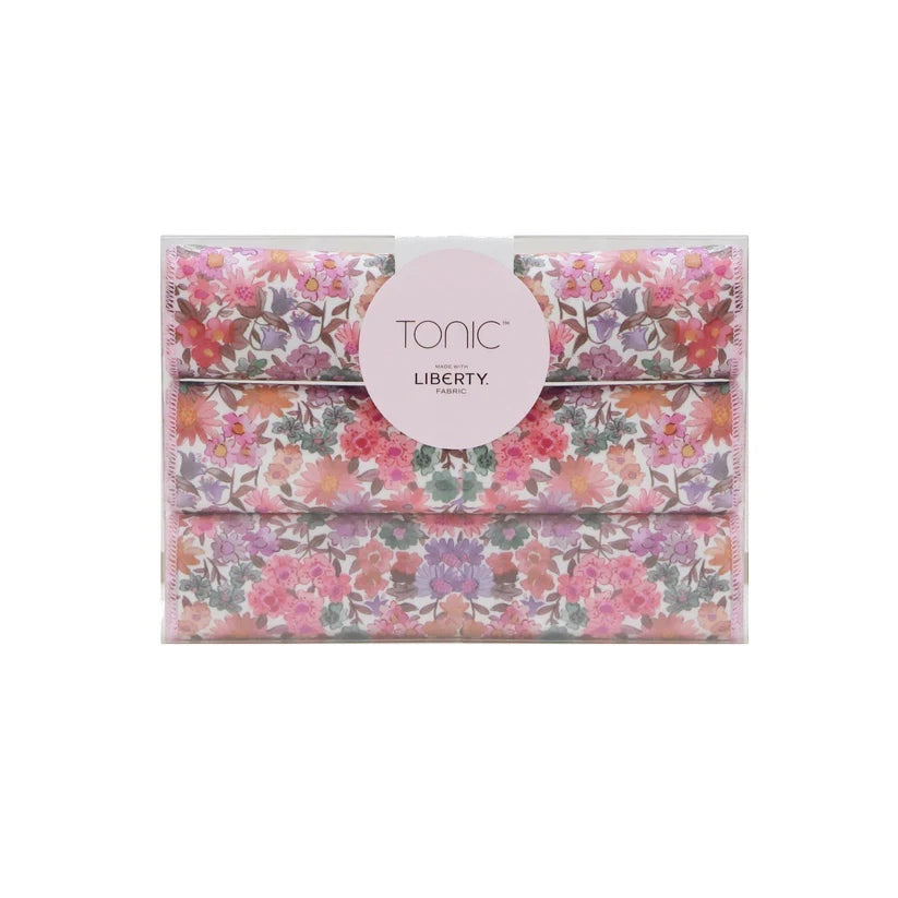 Patchwork with Busyfingers Liberty set of 3 floral print cotton handkerchiefs in pink, purple, and orange.