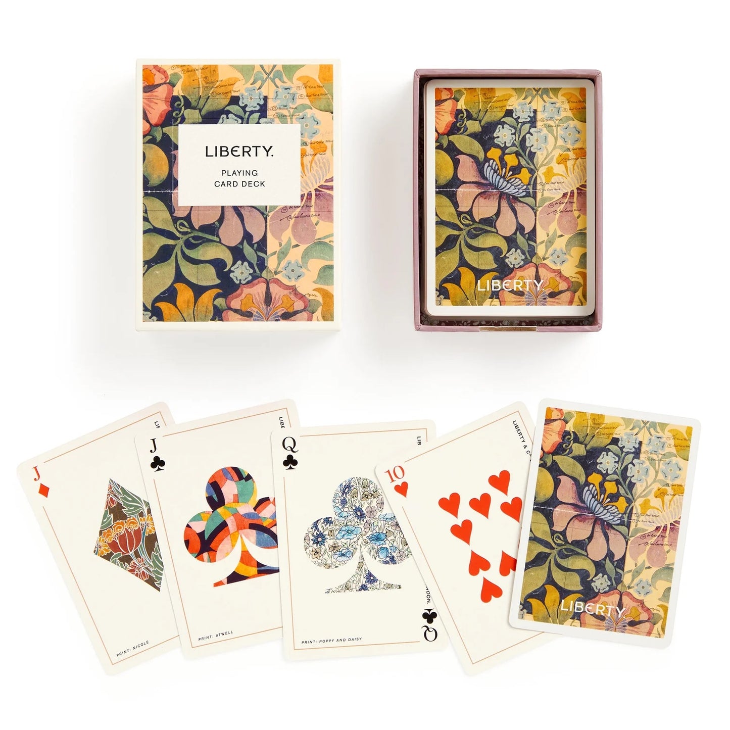 Patchwork with Busyfingers Liberty playing card deck featuring floral and butterfly designs. Includes five cards: Jack of Diamonds, Queen of Clubs, 10 of Hearts.