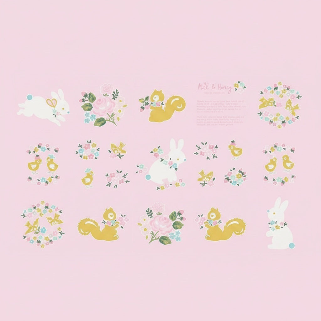 Patchwork with Busyfingers Milk & Honey pink fabric panel featuring cute bunnies, squirrels, birds, and floral wreaths.