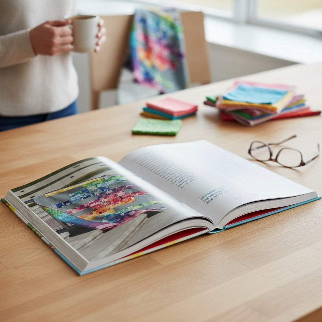 Patchwork with Busyfingers Stash Statement Book features a grey quilt with rainbow-colored improv piecing, perfect for scrap quilting.