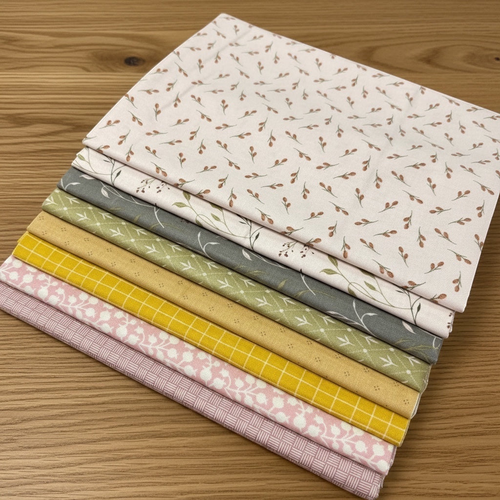 Patchwork with Busyfingers Threads of Grace 8pc cotton fabric bundle featuring floral and geometric patterns.