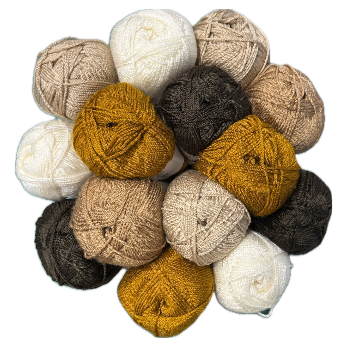 Patchwork with Busyfingers Truffle & Toast yarn set in cream, latte, caramel, copper, and chocolate. 100% anti-pilling acrylic yarn.