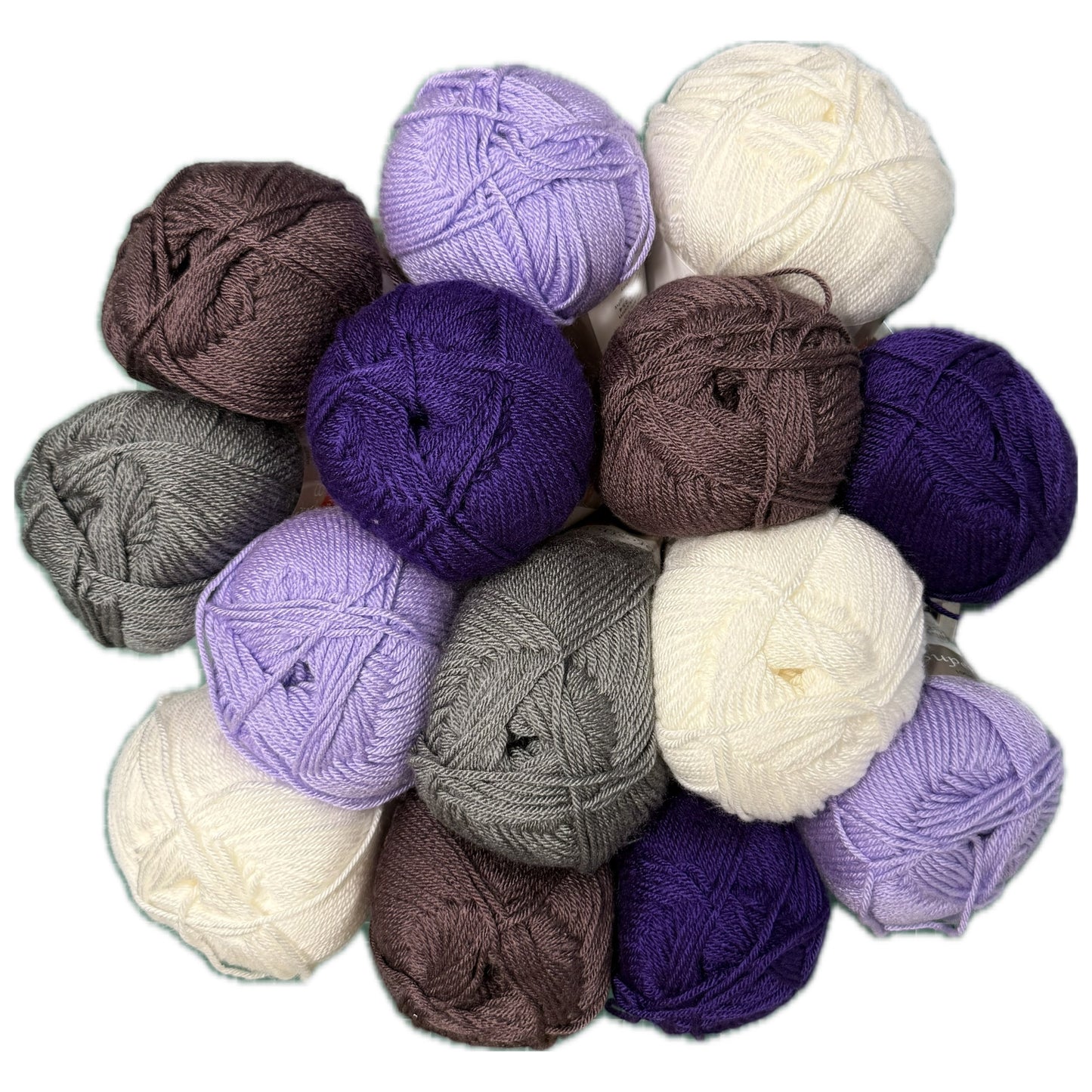 Patchwork with Busyfingers Wisteria & Wool yarn set in purple, lilac, grey, and white. 100% anti-pilling acrylic yarn.