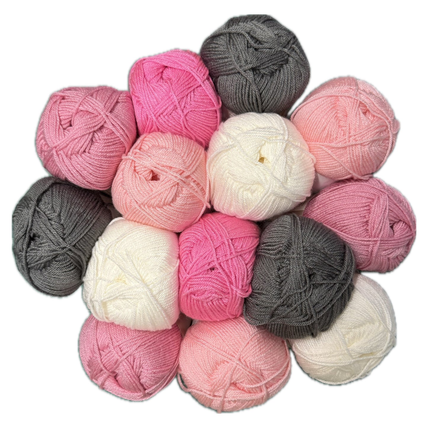 Patchwork with Busyfingers Blush & Bubble Yarn Set: 15 skeins of 100% anti-pilling acrylic yarn in pink, white, grey, lolly pink, and hot pink.