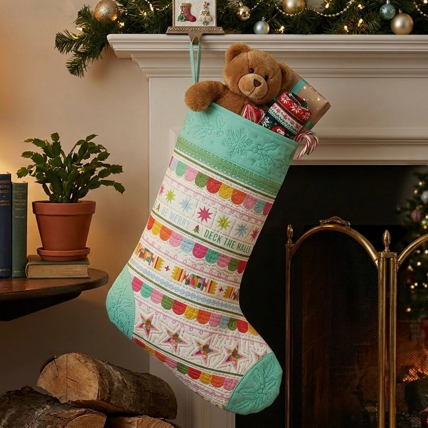 Deck the Halls Large Stocking Panel Teal White