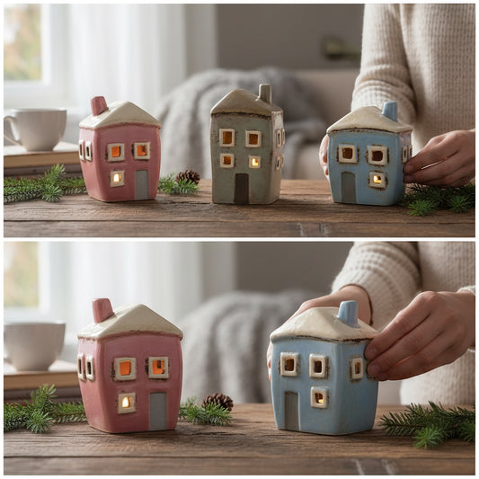 Patchwork with Busyfingers Misty Morning Village ceramic houses in pink, grey, and blue with cream roofs. Hand-glazed cottagecore decor.