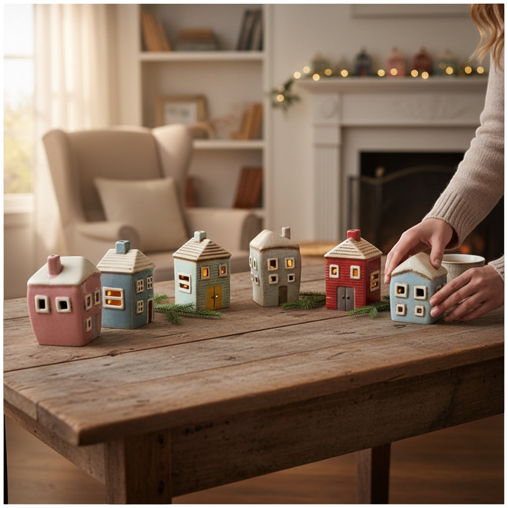 Patchwork with Busyfingers Grand Village Estate ceramic houses set in pink, blue, grey, and red. Hand-finished artisanal village decor.