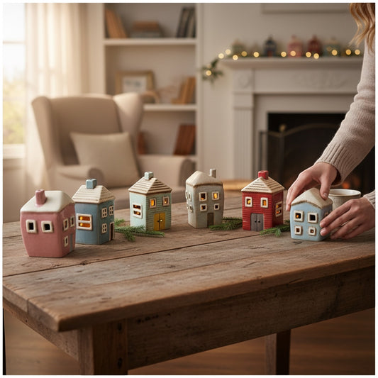 Patchwork with Busyfingers Grand Village Estate ceramic houses set in pink, blue, grey, and red. Hand-finished artisanal village decor.