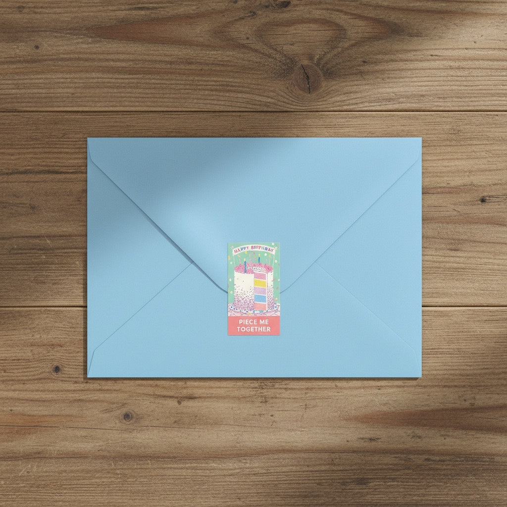 Patchwork with Busyfingers Confetti Birthday Cake greeting card puzzle on a light blue envelope, sealed with a sticker of a slice of cake.