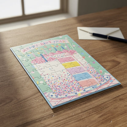 Patchwork with Busyfingers Confetti Birthday Cake greeting card puzzle, 60 pieces, featuring a slice of cake with pink frosting and colorful layers.