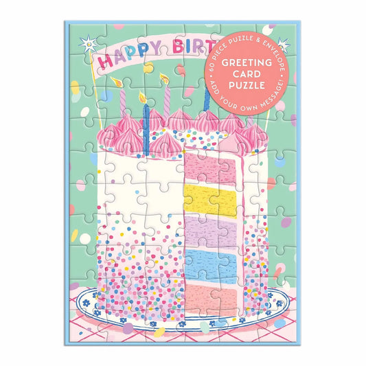Patchwork with Busyfingers Confetti Birthday Cake greeting card puzzle, 60 pieces, featuring a slice of cake with pink frosting and colourful layers.