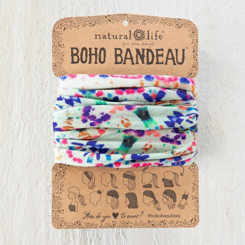 Patchwork with Busyfingers Boho Bandeau in cream tie-dye with pink, blue, and green abstract floral print. Versatile accessory for hair or wrist.