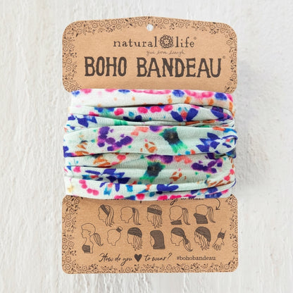 Patchwork with Busyfingers Boho Bandeau in cream tie-dye with pink, blue, and green abstract floral print. Versatile accessory for hair or wrist.