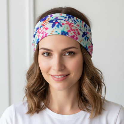 Patchwork with Busyfingers Boho Bandeau in cream tie-dye print. Soft, stretchy fabric for versatile wear as headband or accessory.