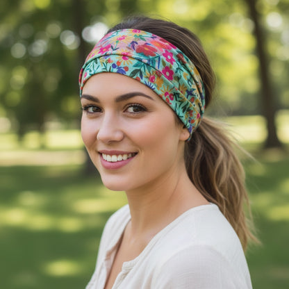Patchwork with Busyfingers Boho Bandeau in Wildflower Border print, a versatile and comfortable floral fabric accessory for hair or wrist.