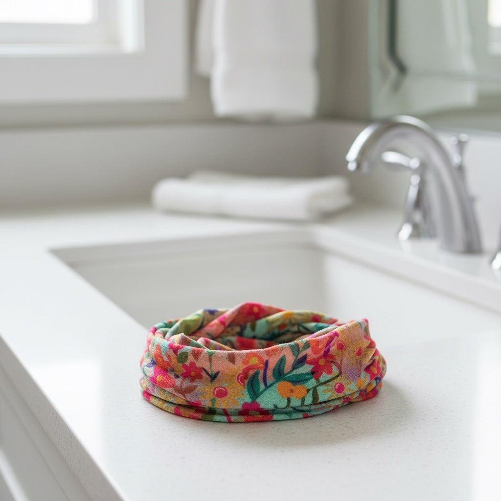 Patchwork with Busyfingers Boho Bandeau in wildflower border print. Soft, stretchy fabric for versatile wear as headband or hair accessory.