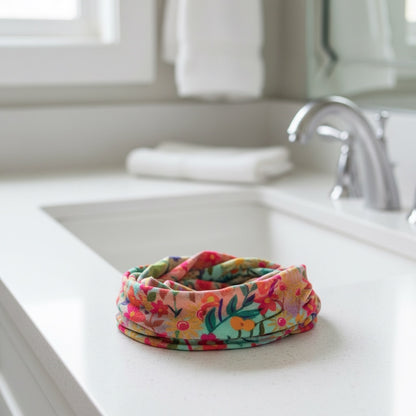 Patchwork with Busyfingers Boho Bandeau in wildflower border print. Soft, stretchy fabric for versatile wear as headband or hair accessory.