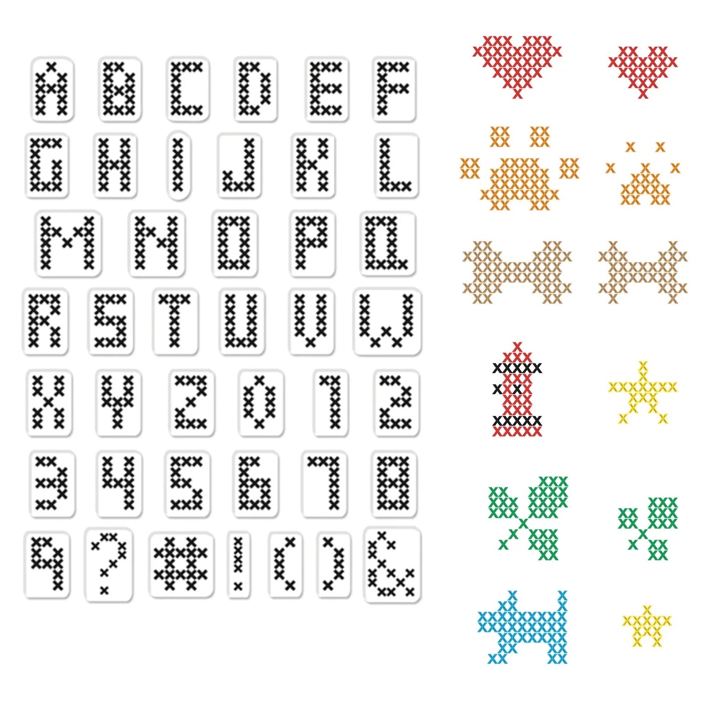 Patchwork with Busyfingers DIY cross stitch alphabet, numbers, and symbols for dog collars. Includes letters A-Z, numbers 0-9, and various icons like hearts, bones, and a fire hydrant.