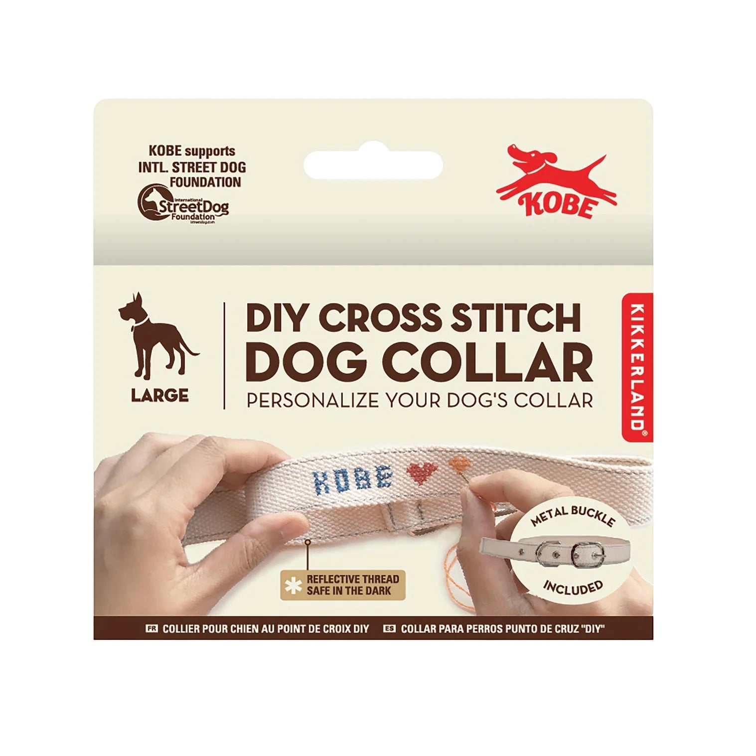 Patchwork with Busyfingers DIY Cross Stitch Dog Collar for large dogs, beige canvas with reflective thread, includes metal buckle.