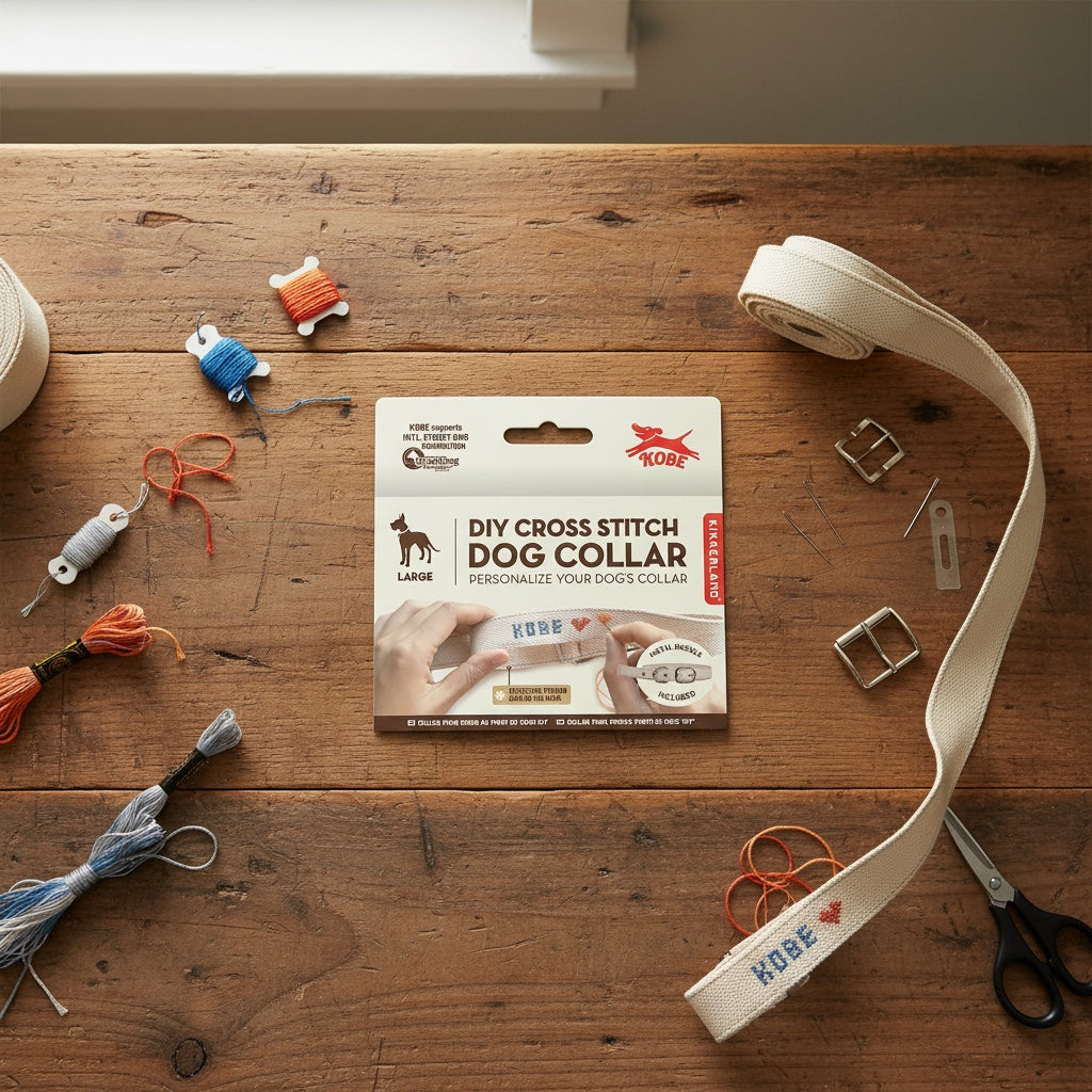 Patchwork with Busyfingers DIY Cross Stitch Dog Collar for large dogs, beige canvas with metal buckle, reflective thread.