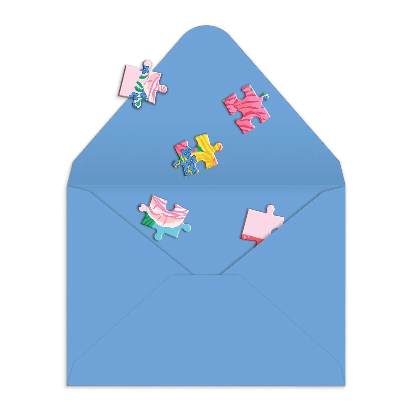 Patchwork with Busyfingers Blooms of Love greeting card puzzle pieces scattered from a blue envelope.
