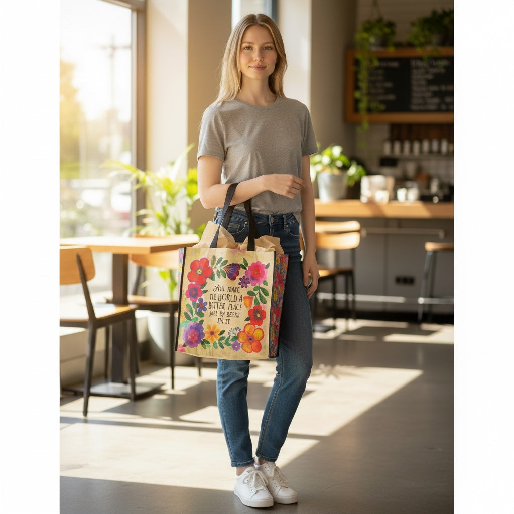 Patchwork with Busyfingers Happy Bag XL with colorful floral print and inspirational text. Made from recycled materials.