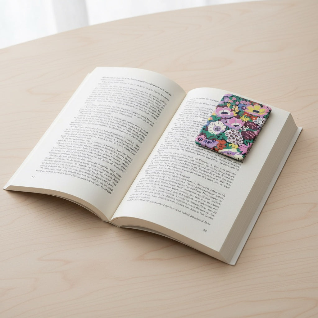 Patchwork with Busyfingers Liberty floral magnetic bookmarks set with Margaret Annie, Thorpe and Mitsi prints.