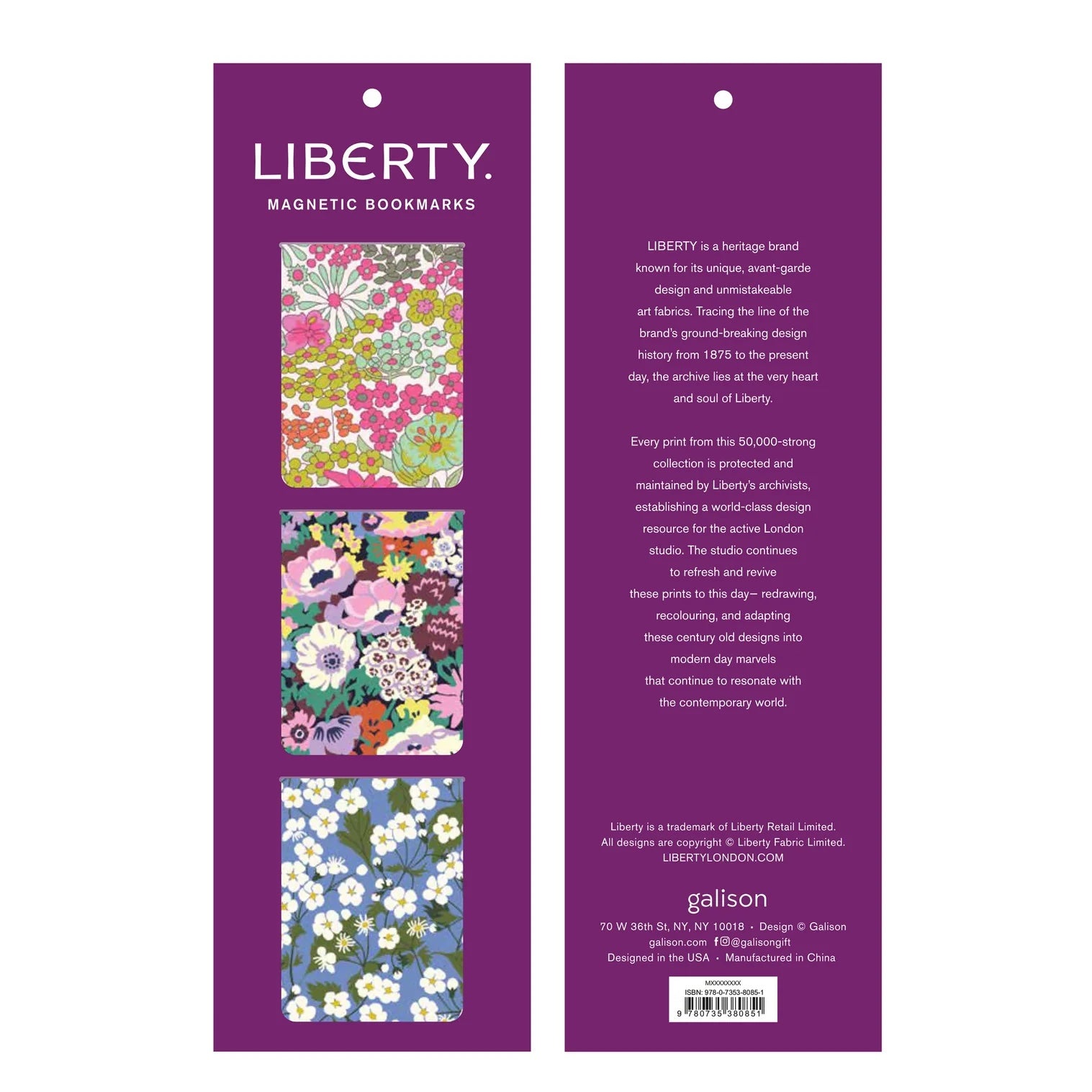 Patchwork with Busyfingers Liberty magnetic bookmarks featuring Margaret Annie, Thorpe and Mitsi floral prints on a purple background.