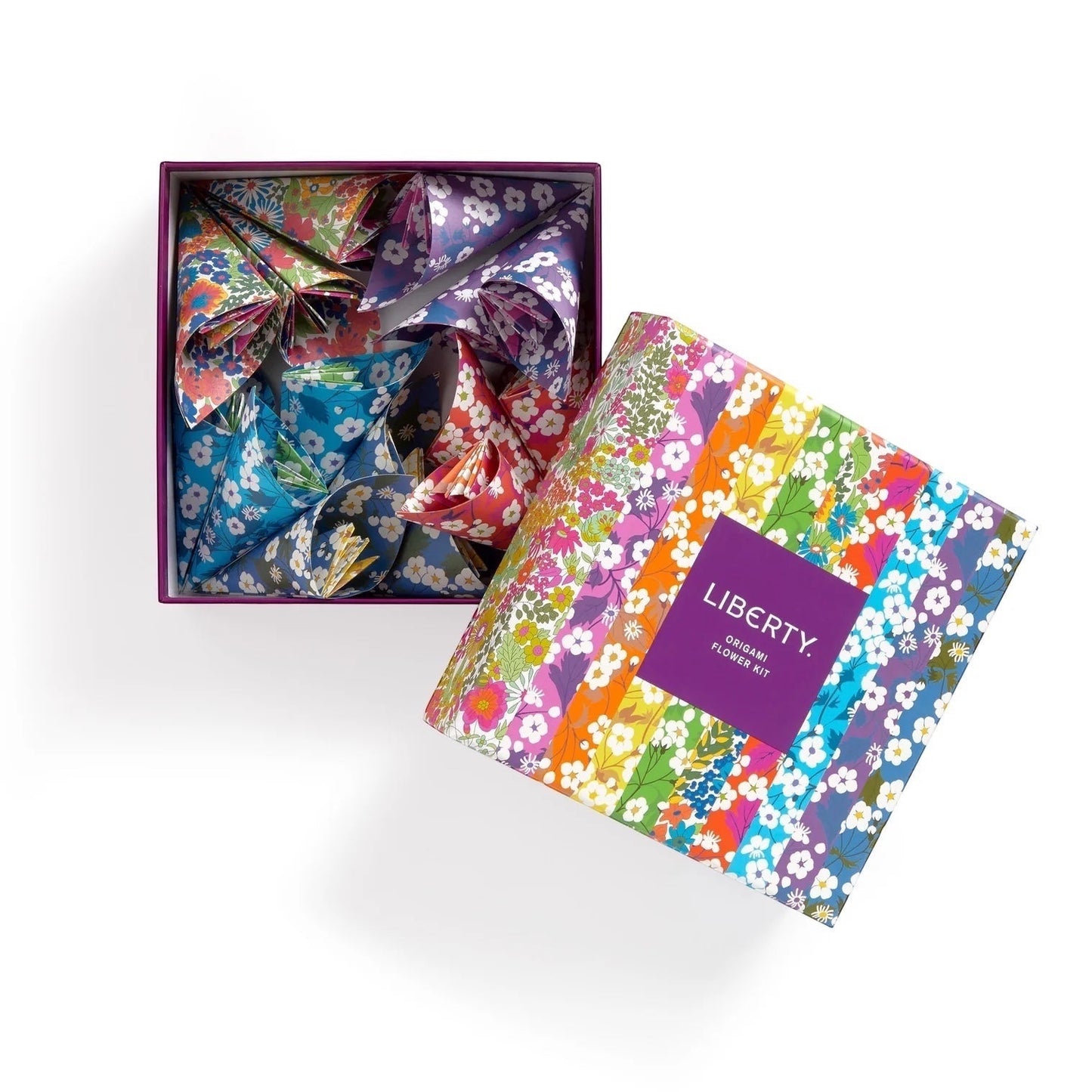 Patchwork with Busyfingers Liberty Classic Floral Origami Flower Kit with colourful floral patterned paper and folded origami flowers inside.