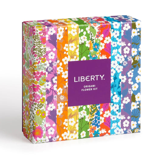 Patchwork with Busyfingers Liberty Classic Floral Origami Flower Kit box with colourful floral patterns and purple label.