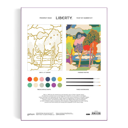 Patchwork with Busyfingers Liberty Prospect Paint by Number Kit featuring a canvas outline and a vibrant finished painting of trees and clouds.