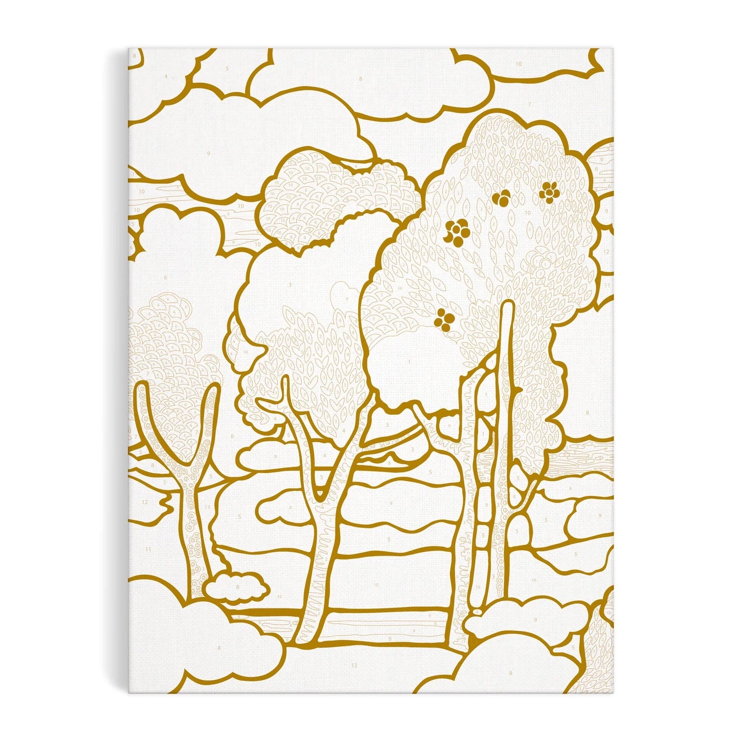 Patchwork with Busyfingers Liberty Prospect paint by number kit featuring a landscape with trees and clouds outlined in gold on a white canvas.