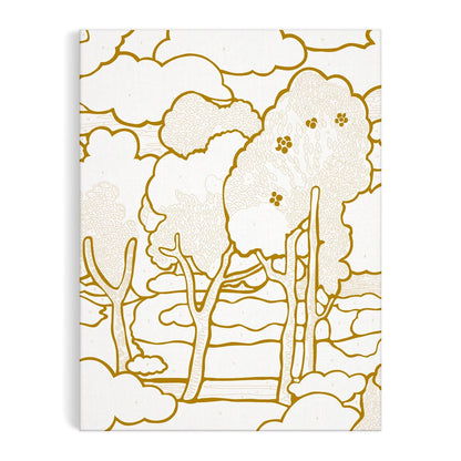 Patchwork with Busyfingers Liberty Prospect paint by number kit featuring a landscape with trees and clouds outlined in gold on a white canvas.