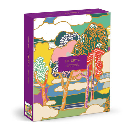 Patchwork with Busyfingers Liberty Prospect Road Paint by Number Kit featuring a vibrant, abstract landscape with colourful trees and clouds.