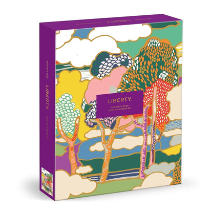 Patchwork with Busyfingers Liberty Prospect Road Paint by Number Kit featuring a vibrant, abstract landscape with colourful trees and clouds.