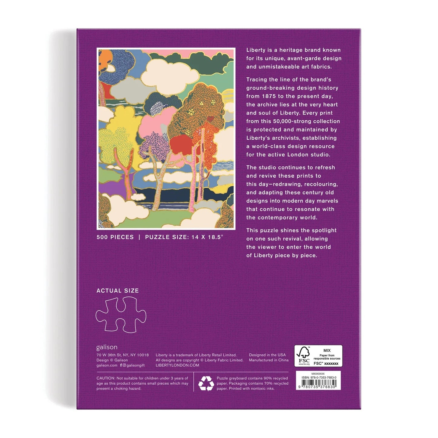 Patchwork with Busyfingers Liberty Prospect Road 500 piece jigsaw puzzle featuring a colourful, abstract landscape with trees and clouds. Puzzle size 14 x 18.5 inches.