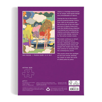 Patchwork with Busyfingers Liberty Prospect Road 500 piece jigsaw puzzle featuring a colourful, abstract landscape with trees and clouds. Puzzle size 14 x 18.5 inches.