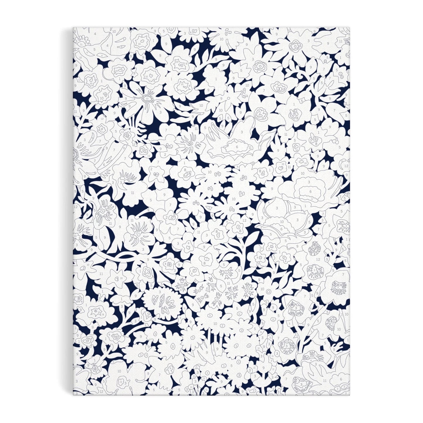 Patchwork with Busyfingers Liberty Thorpe paint by number kit featuring a navy background with a detailed floral outline pattern numbered for painting.