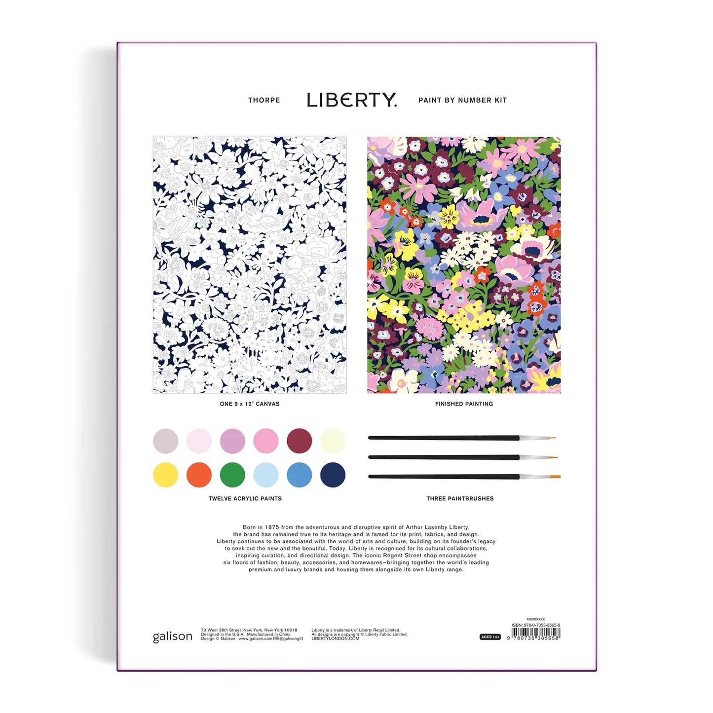 Patchwork with Busyfingers Liberty Thorpe Paint by Number Kit featuring a navy floral line drawing on canvas and a finished painting with vibrant multi-colored flowers.