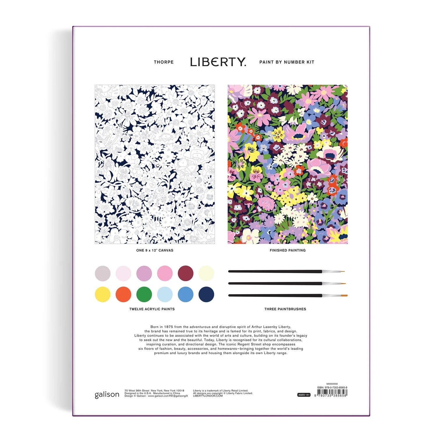 Patchwork with Busyfingers Liberty Thorpe Paint by Number Kit featuring a navy floral line drawing on canvas and a finished painting with vibrant multi-colored flowers.