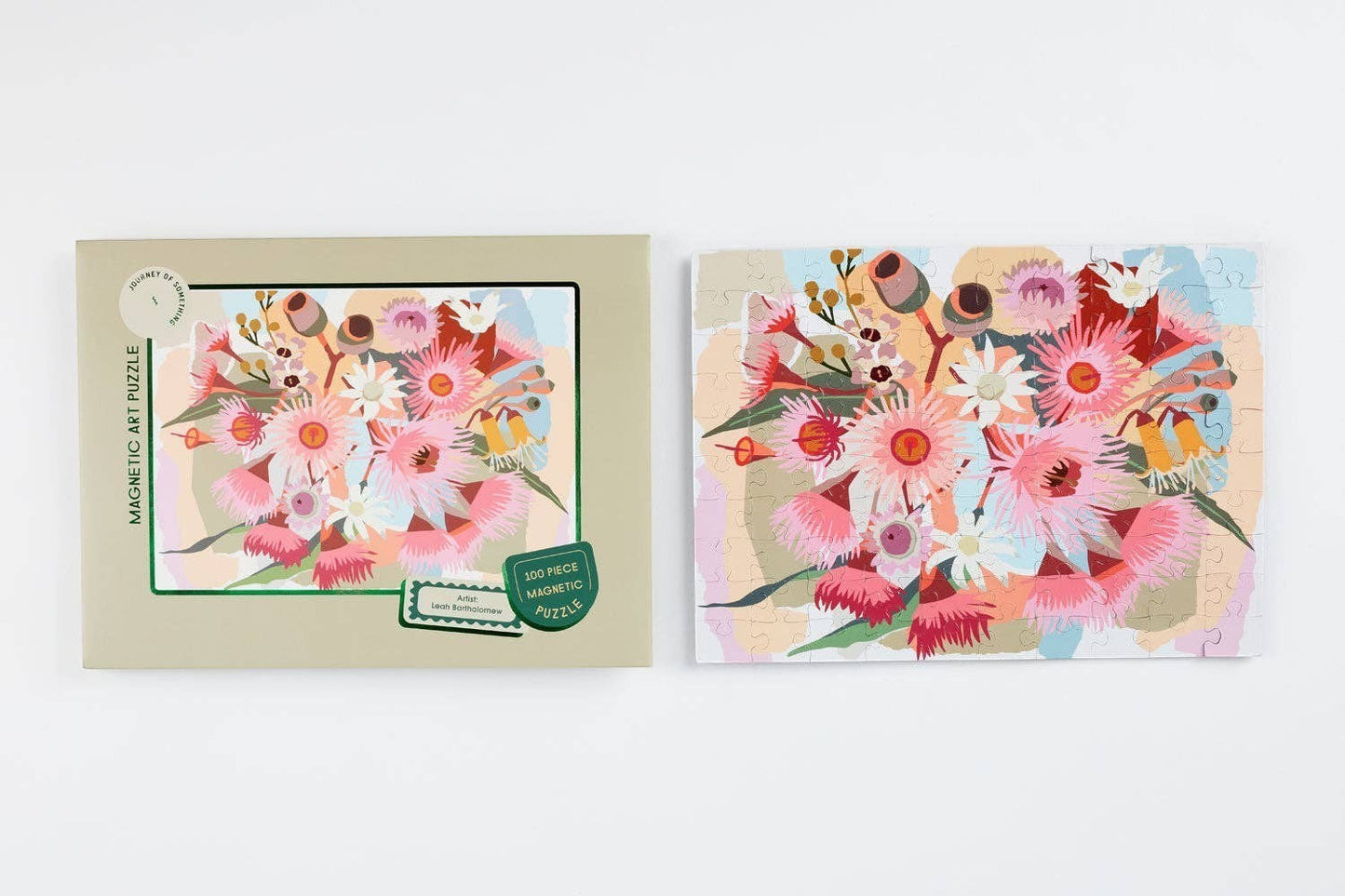 Patchwork with Busyfingers Magnetic Floral Art 100-piece puzzle featuring a vibrant abstract bouquet of pink, white, and red Australian native flowers.