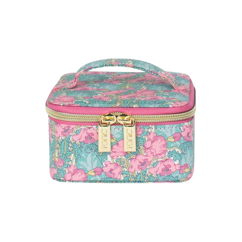 Patchwork with Busyfingers Jewellery Cube small vanity case with pink poppy floral print on teal background, gold zippers.