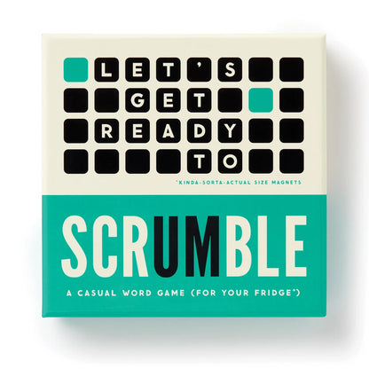Patchwork with Busyfingers Scrumble Magnetic Fridge Game, a casual word game with letter magnets on a cream and teal box.